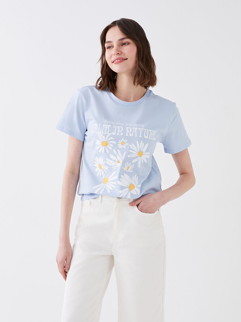 Mavi Bisiklet Yaka Baskılı Kısa Kollu Kadın Tişört