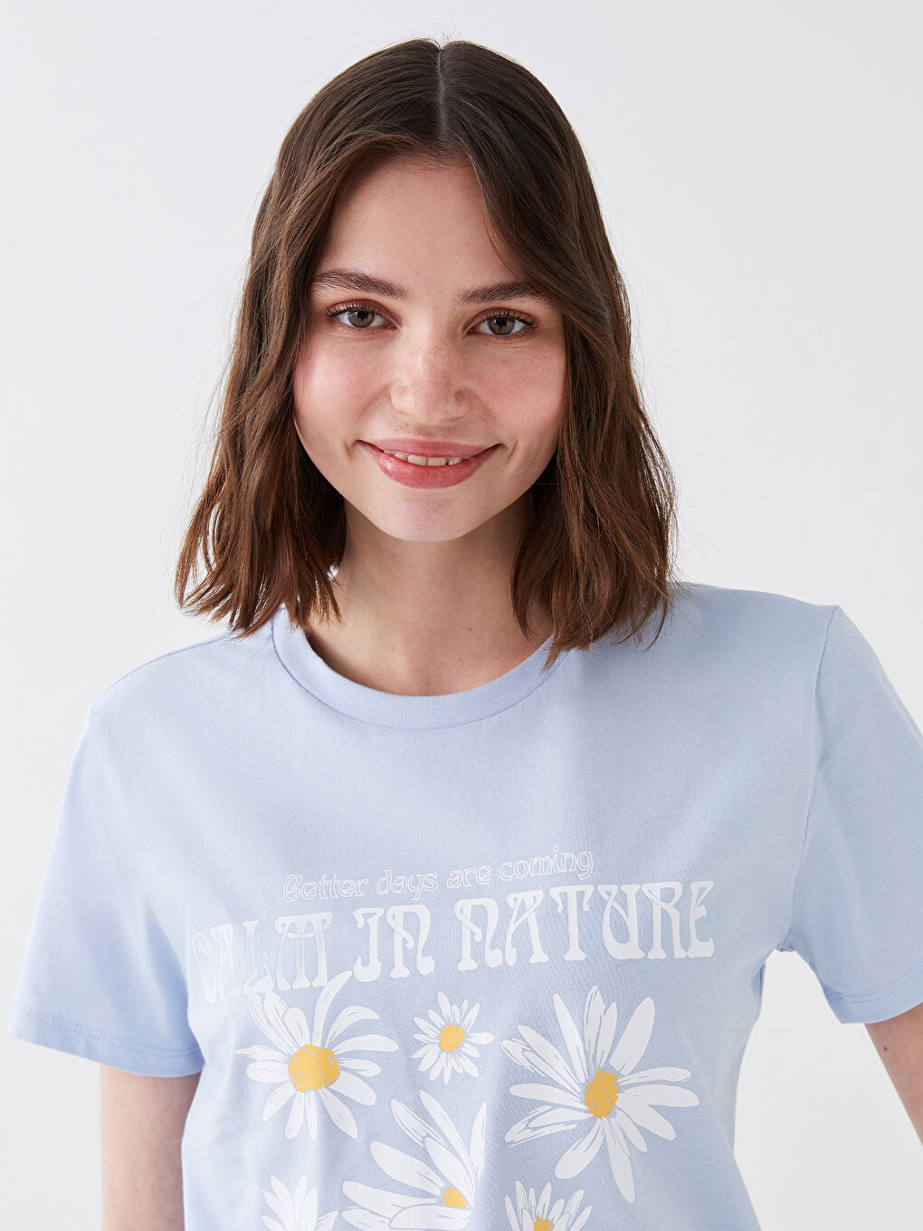 Mavi Bisiklet Yaka Baskılı Kısa Kollu Kadın Tişört-1