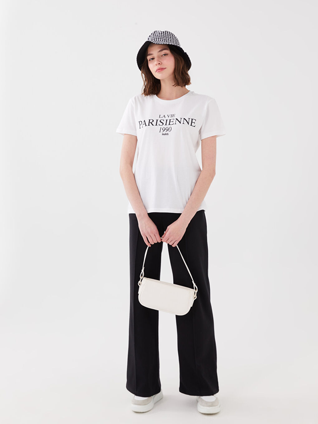 Beyaz Bisiklet Yaka Baskılı Kısa Kollu Kadın Tişört-2