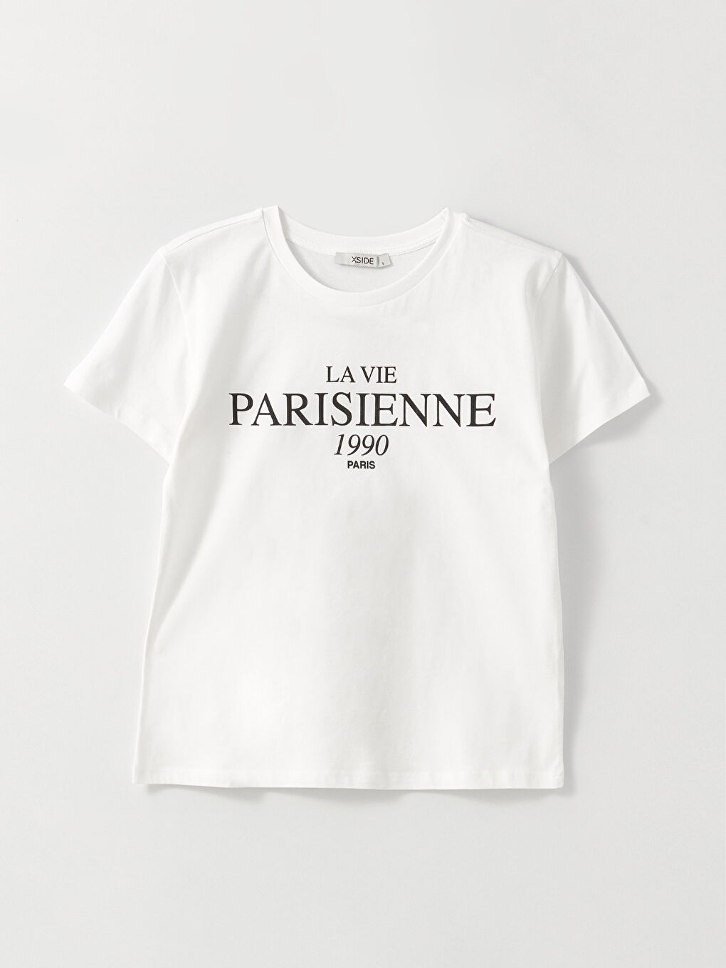 Beyaz Bisiklet Yaka Baskılı Kısa Kollu Kadın Tişört-5