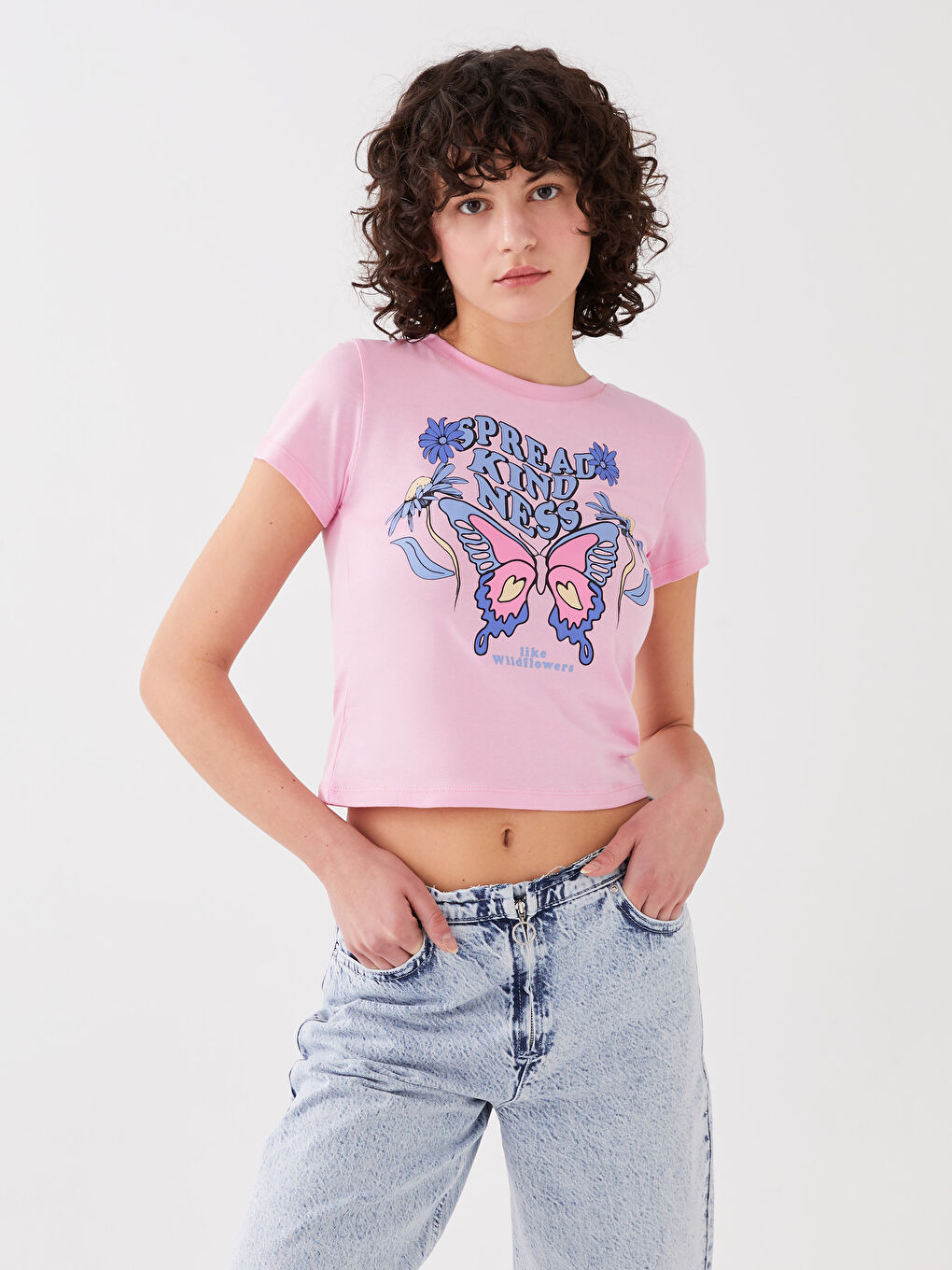 Pembe Bisiklet Yaka Baskılı Kısa Kollu Kadın Crop-1