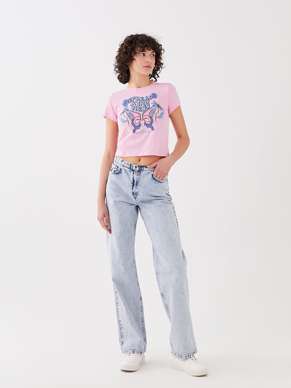 Pembe Bisiklet Yaka Baskılı Kısa Kollu Kadın Crop-2