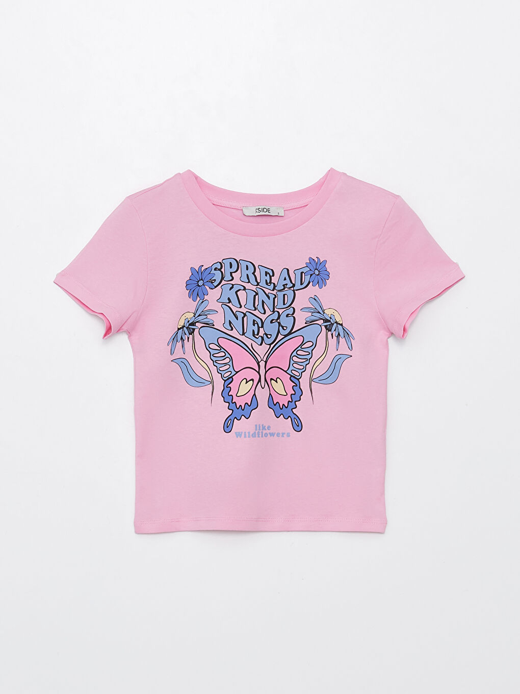 Pembe Bisiklet Yaka Baskılı Kısa Kollu Kadın Crop-5