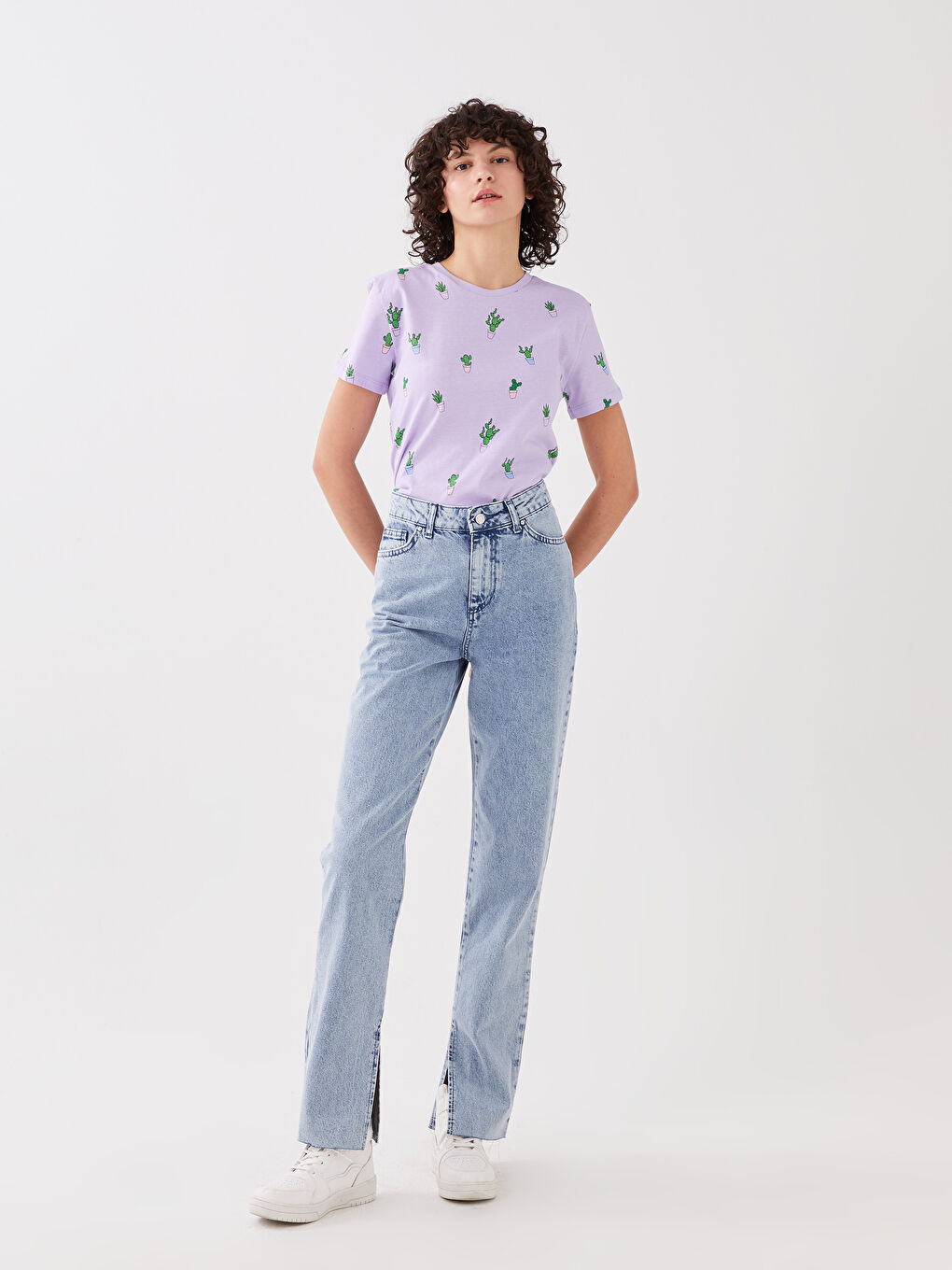 Lila Bisiklet Yaka Desenli Kısa Kollu Kadın Tişört-2