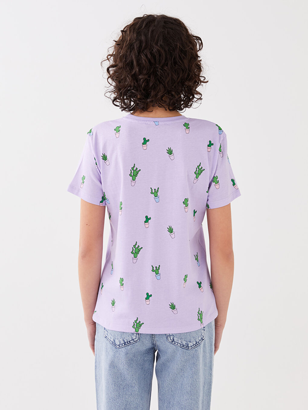 Lila Bisiklet Yaka Desenli Kısa Kollu Kadın Tişört-4