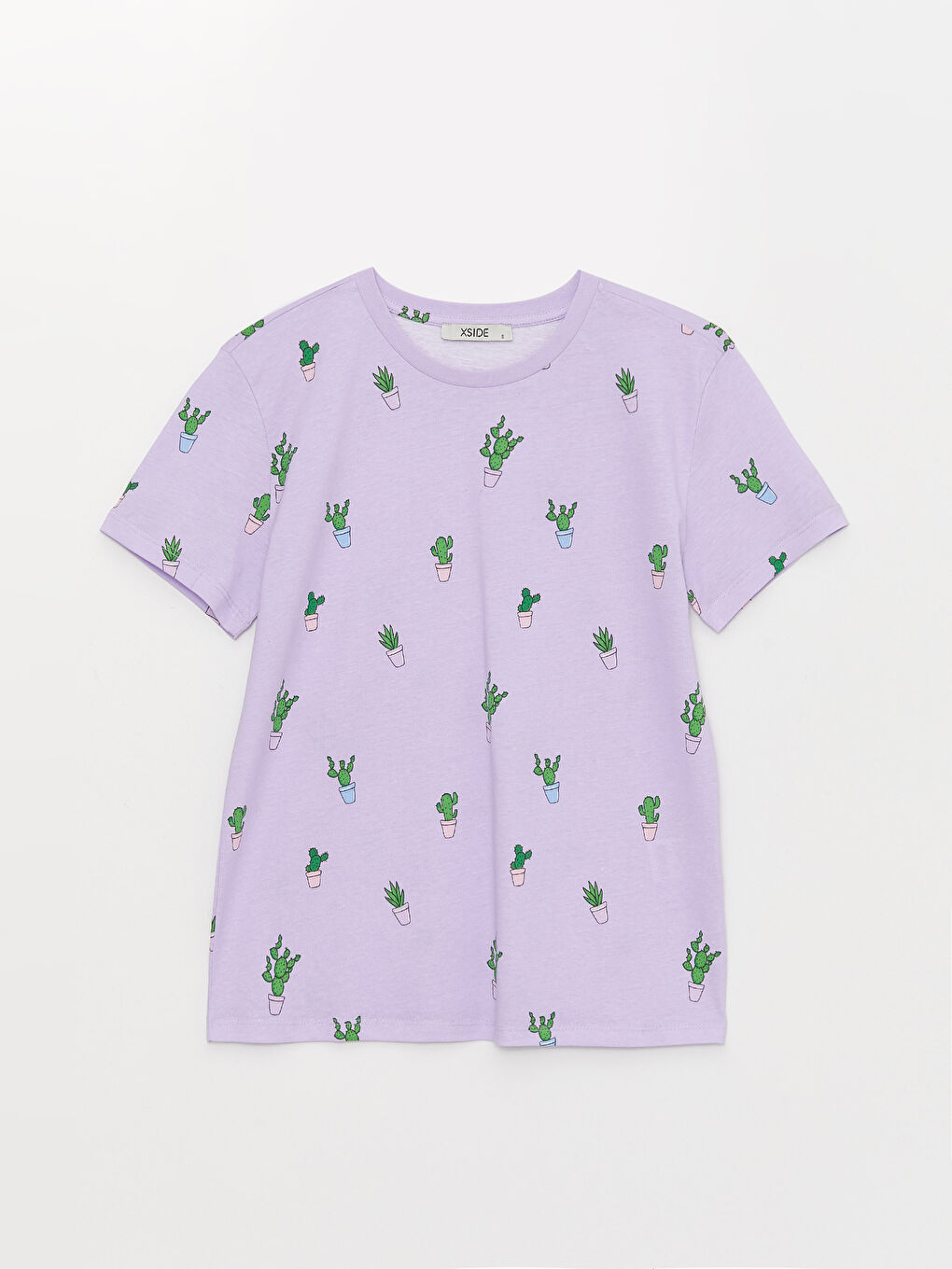 Lila Bisiklet Yaka Desenli Kısa Kollu Kadın Tişört-5