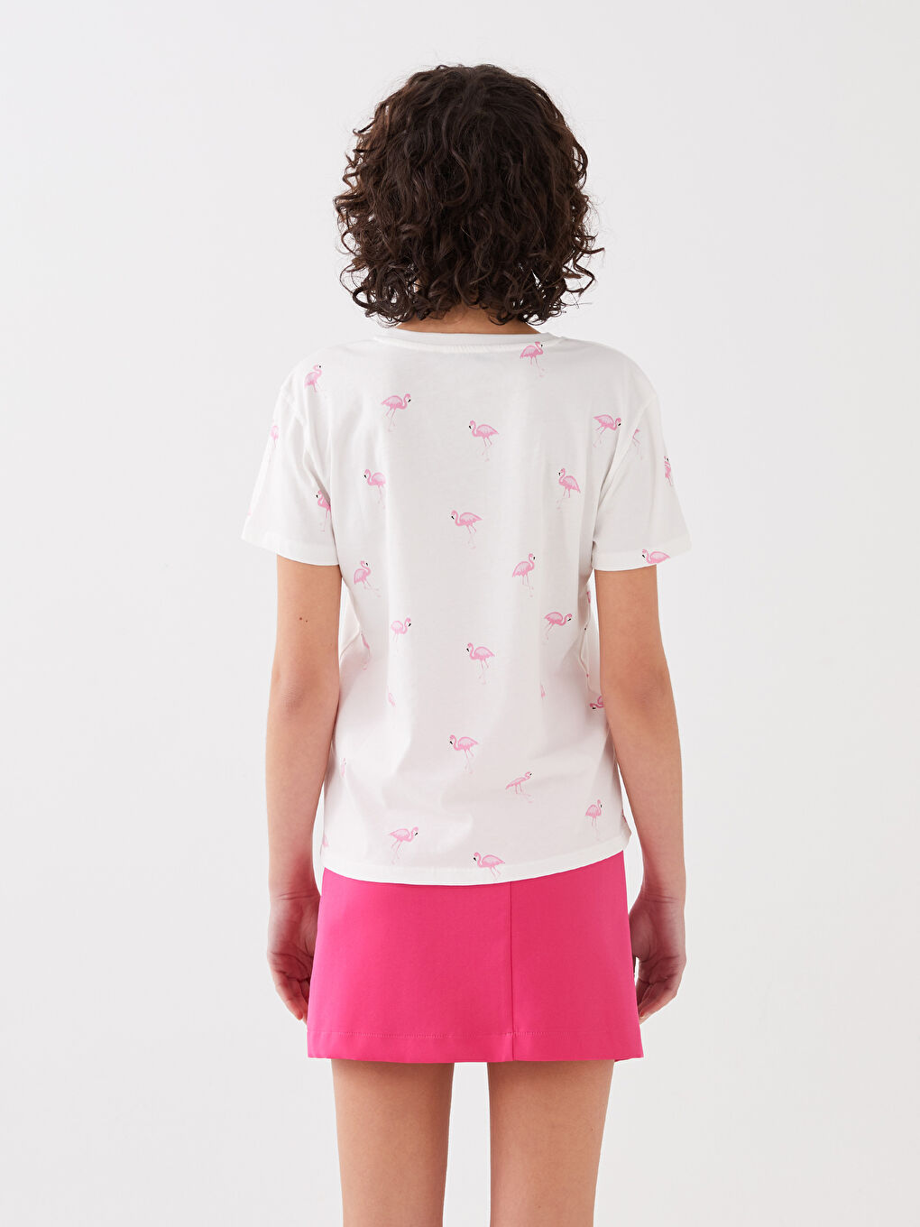 Әйелдерге арналған дөңгелек жағалы өрнекті қысқа жең футболка-4