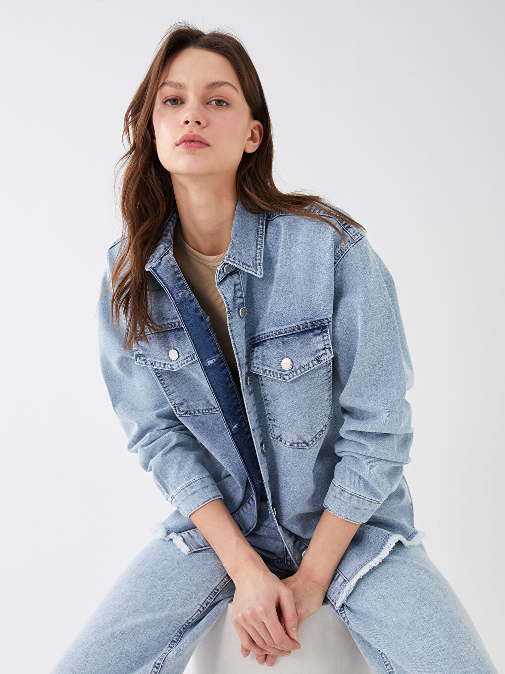 Plain Long Sleeve Oversize Women's Denim Shirt