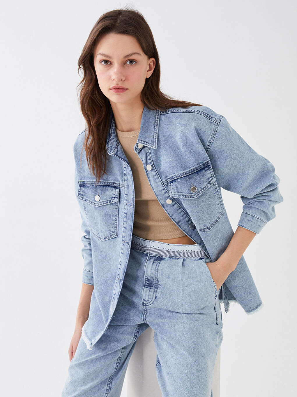 Plain Long Sleeve Oversize Women's Denim Shirt-1