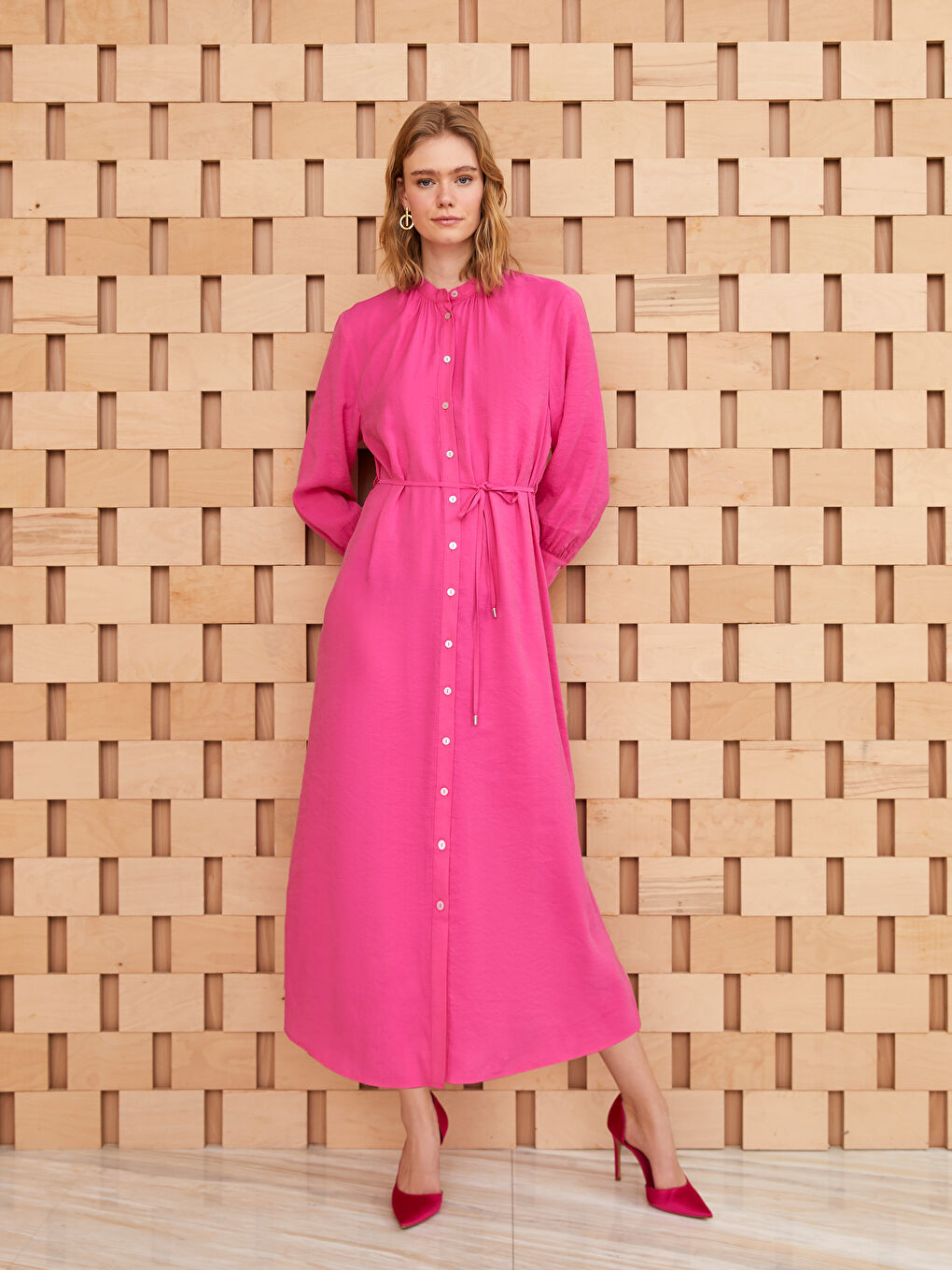 Fuşya Hakim Yaka Düz Uzun Kollu Kadın Gömlek Elbise-1