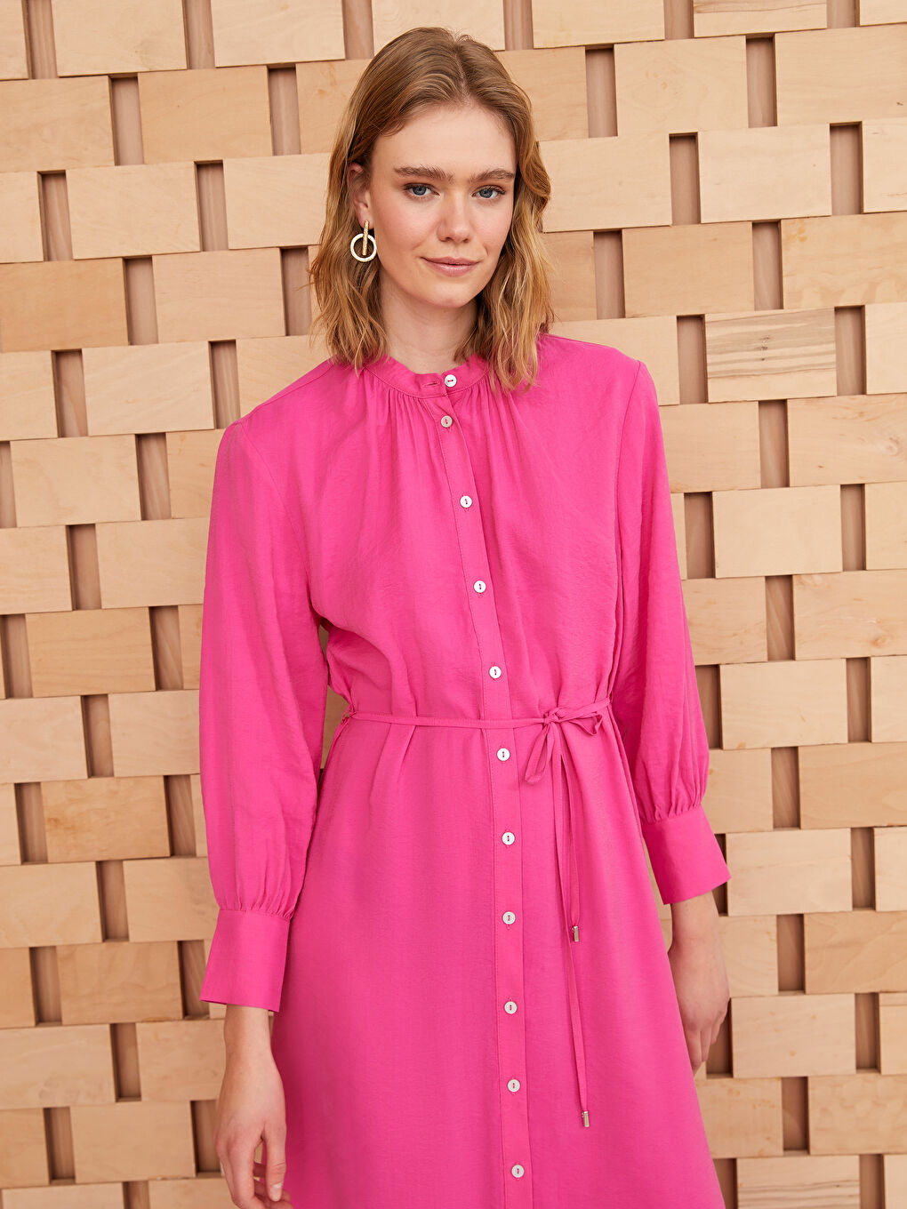 Fuşya Hakim Yaka Düz Uzun Kollu Kadın Gömlek Elbise-2