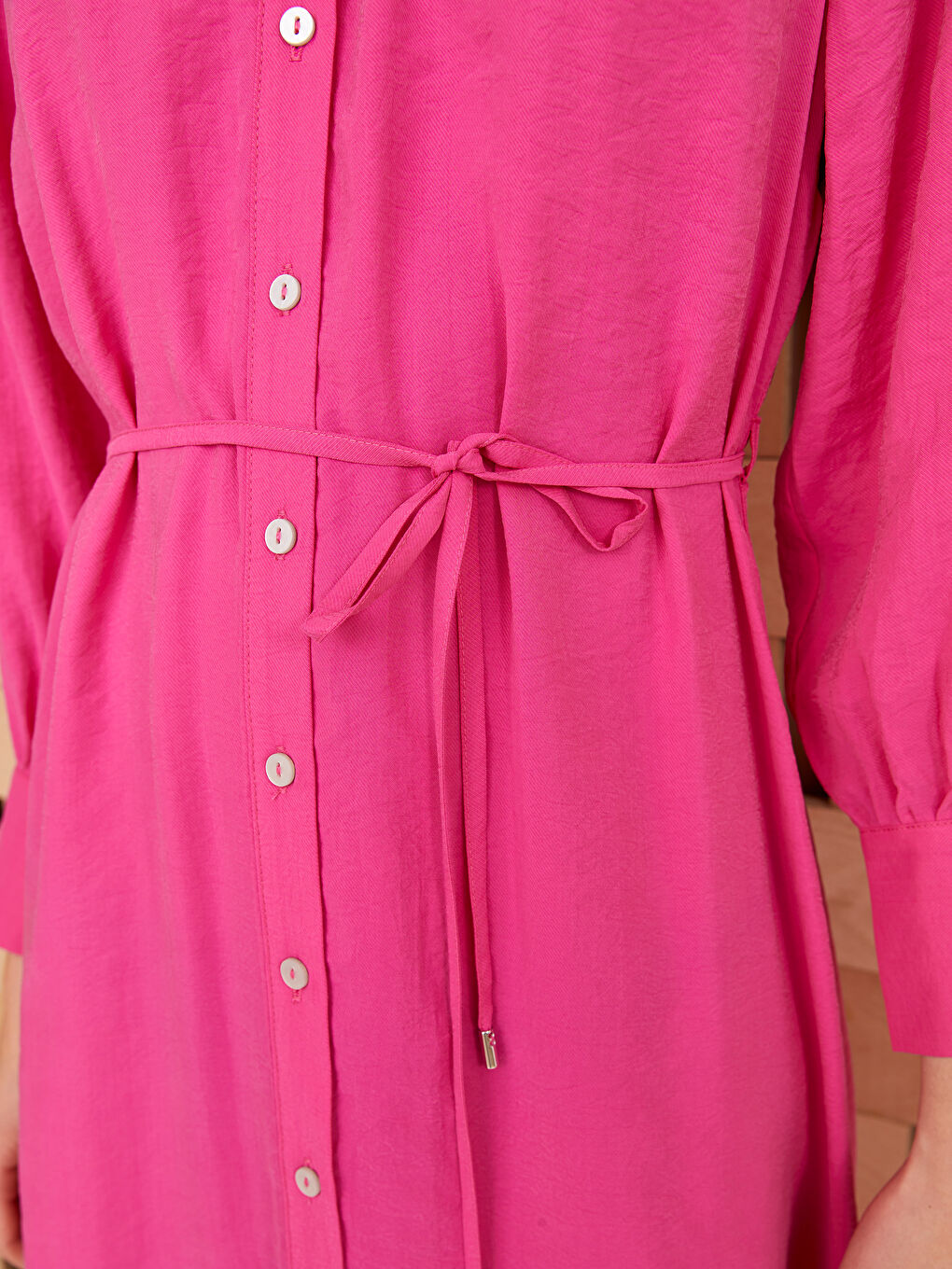 Fuşya Hakim Yaka Düz Uzun Kollu Kadın Gömlek Elbise-3