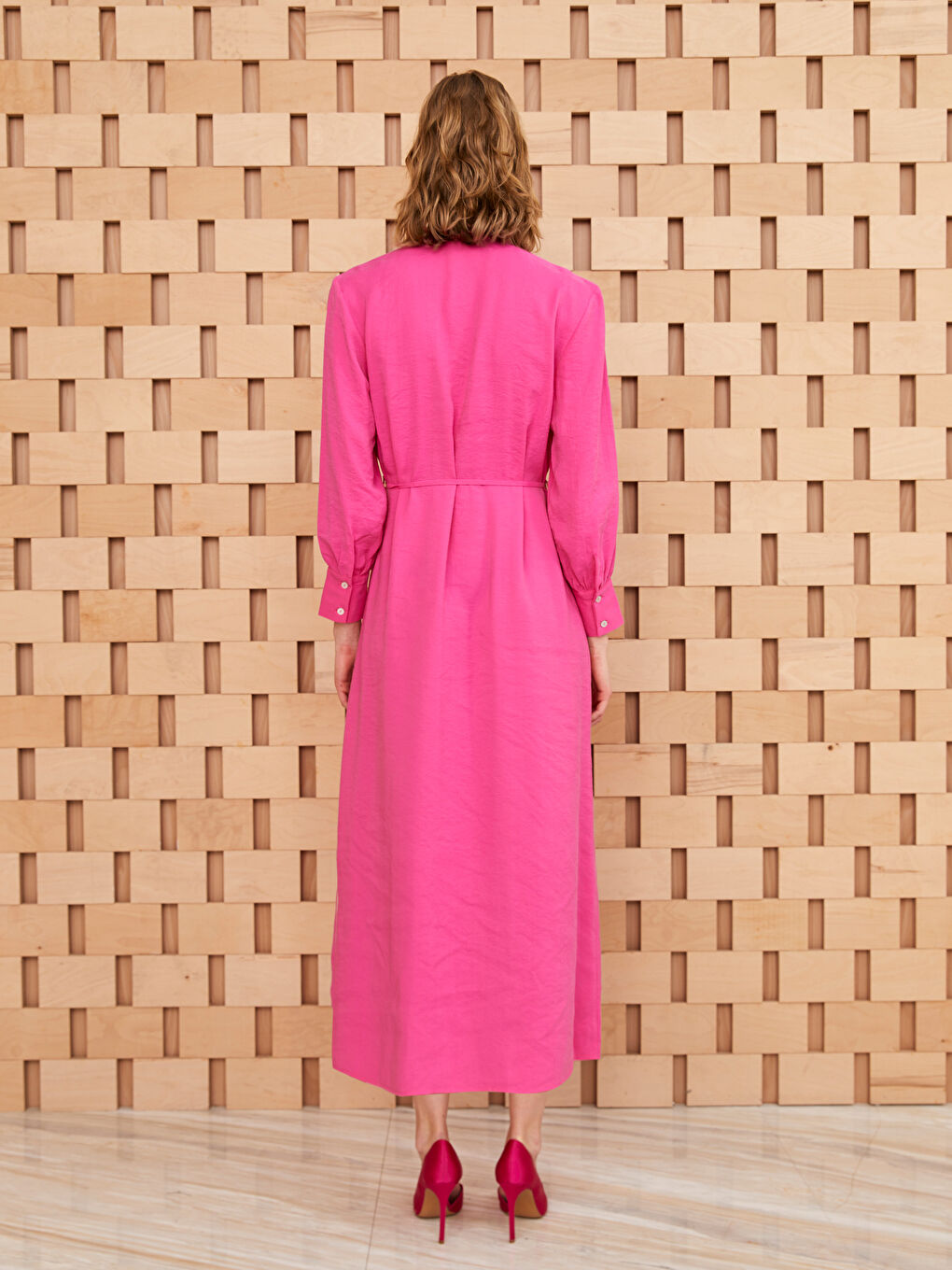 Fuşya Hakim Yaka Düz Uzun Kollu Kadın Gömlek Elbise-4