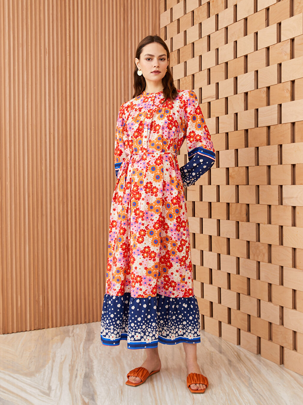 Crew Neck Patterned Long Sleeve Women's Dress-1