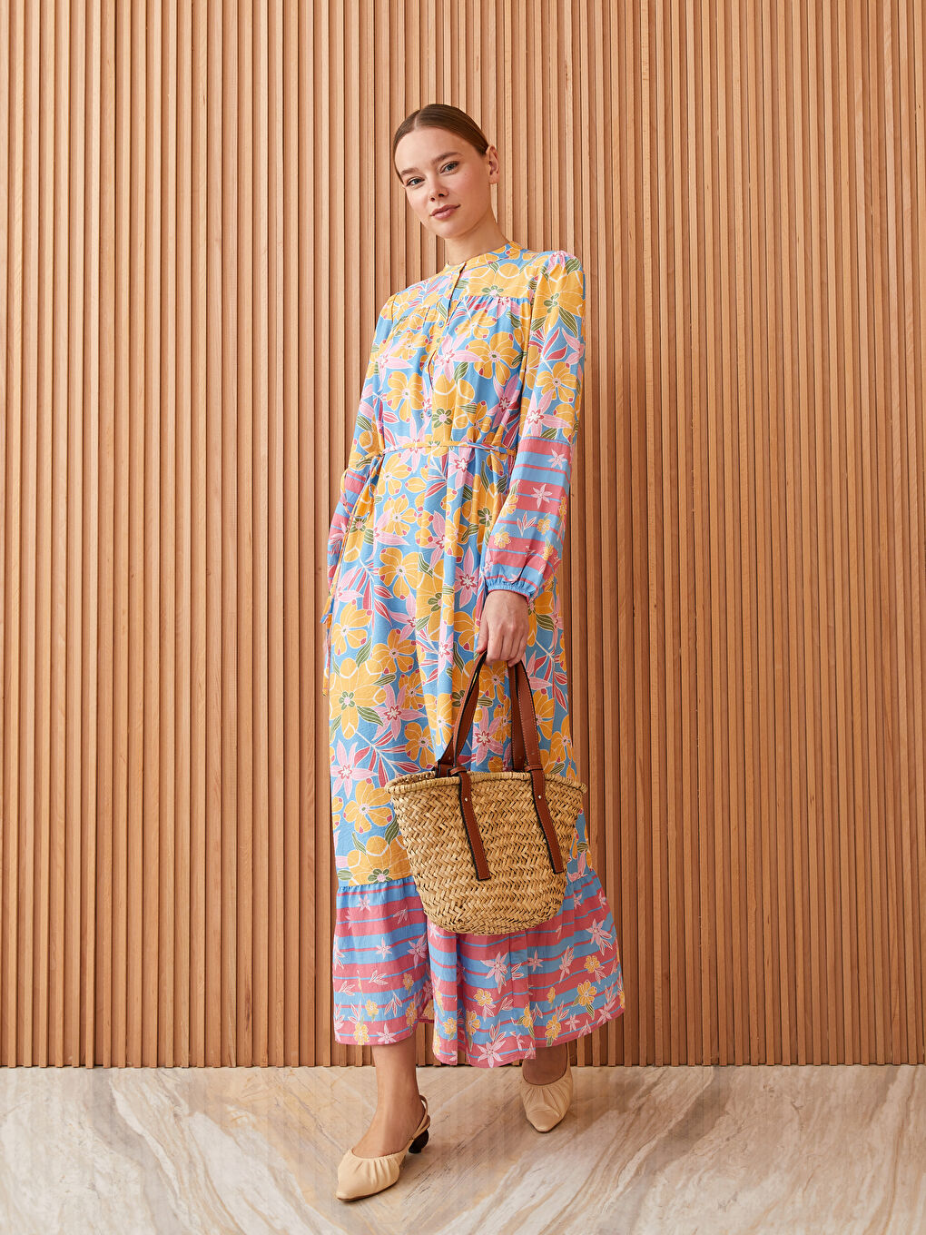 Mavi Bisiklet Yaka Desenli Uzun Kollu Kadın Elbise