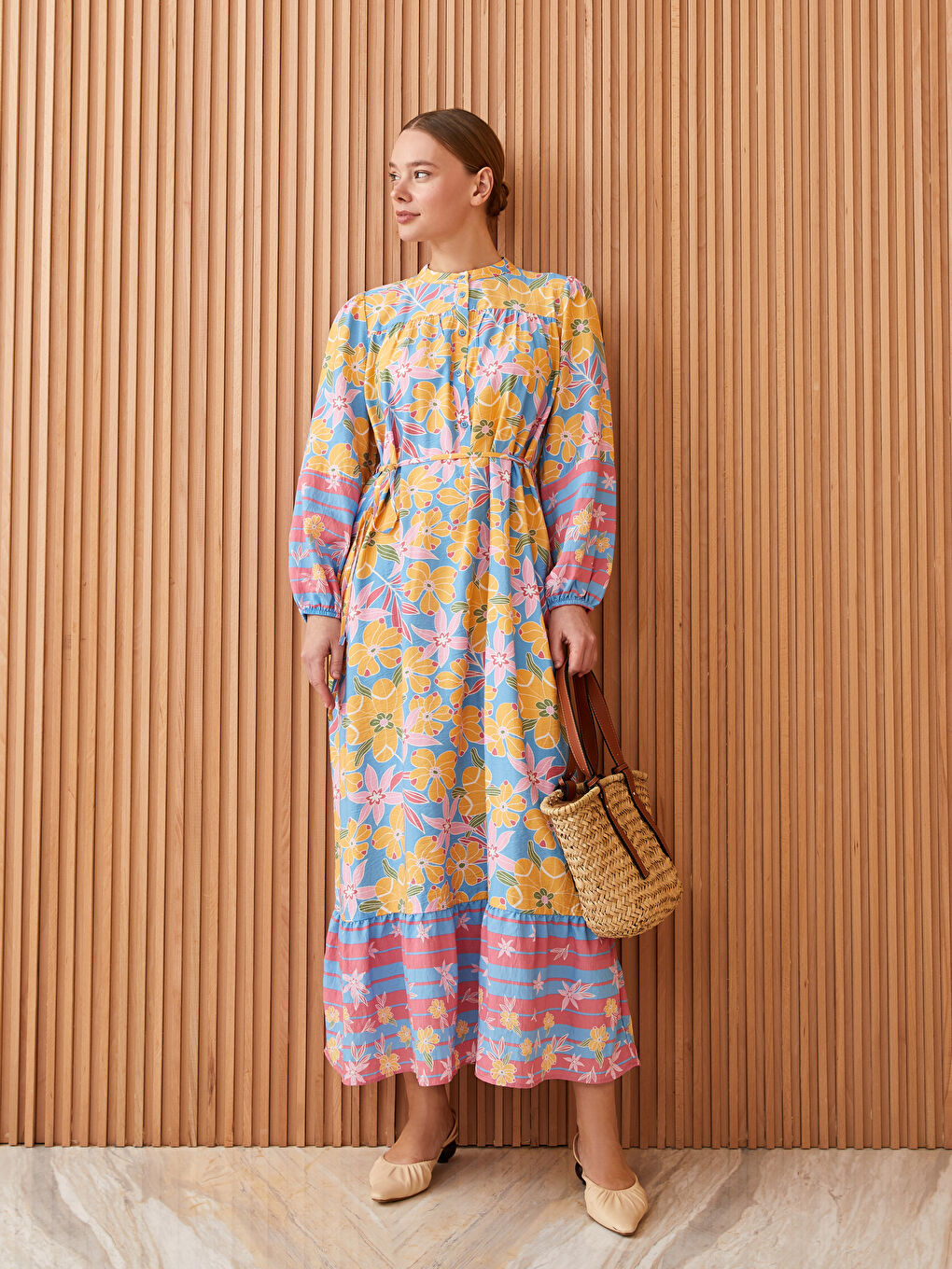 Mavi Bisiklet Yaka Desenli Uzun Kollu Kadın Elbise-1