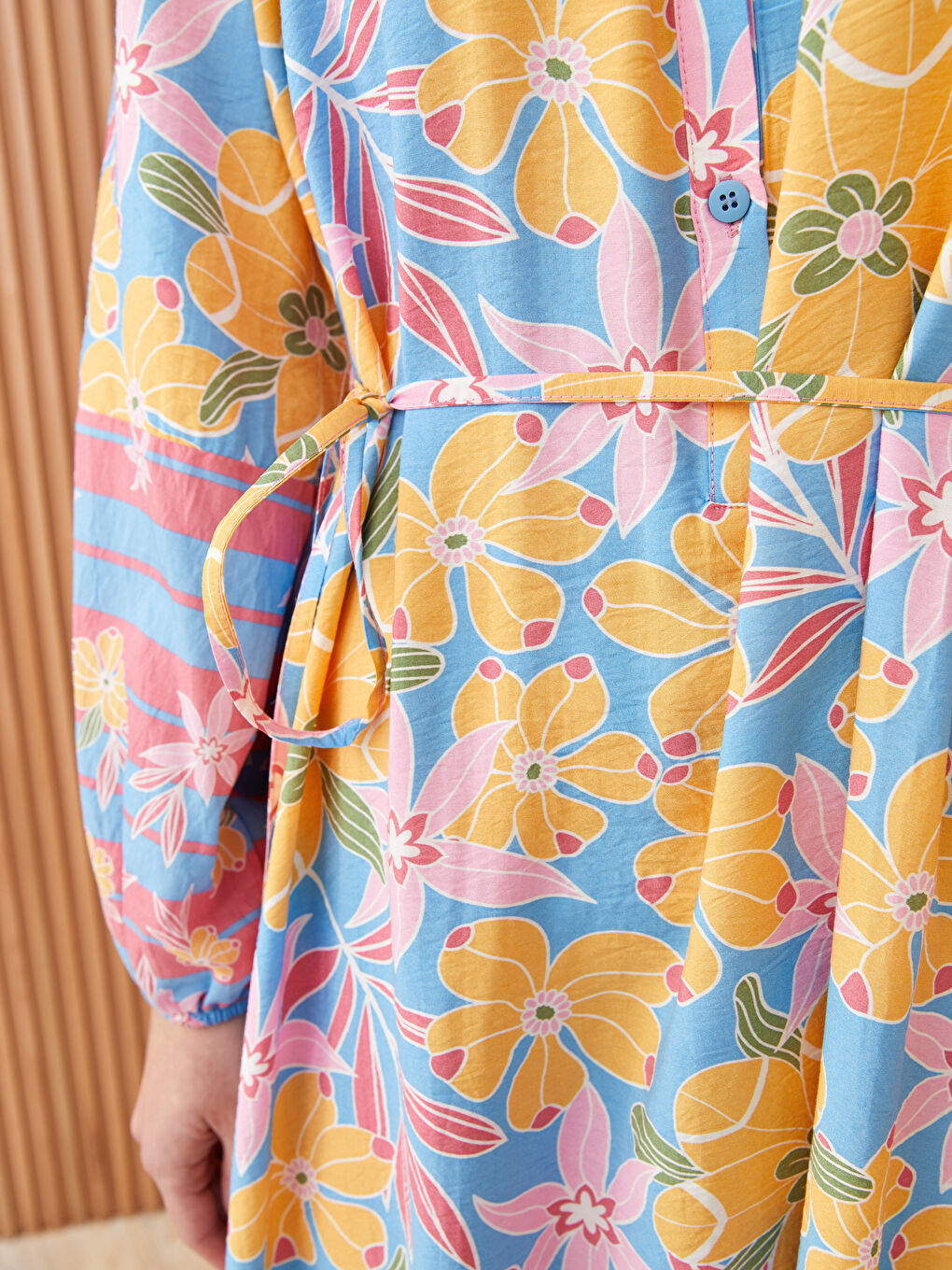 Mavi Bisiklet Yaka Desenli Uzun Kollu Kadın Elbise-3