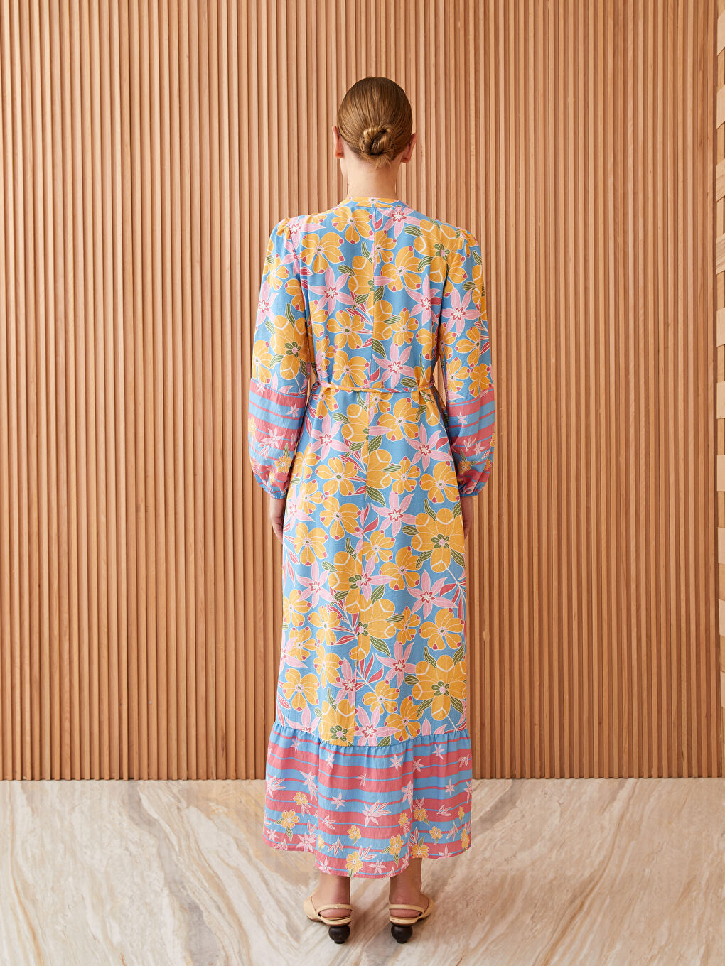 Mavi Bisiklet Yaka Desenli Uzun Kollu Kadın Elbise-4