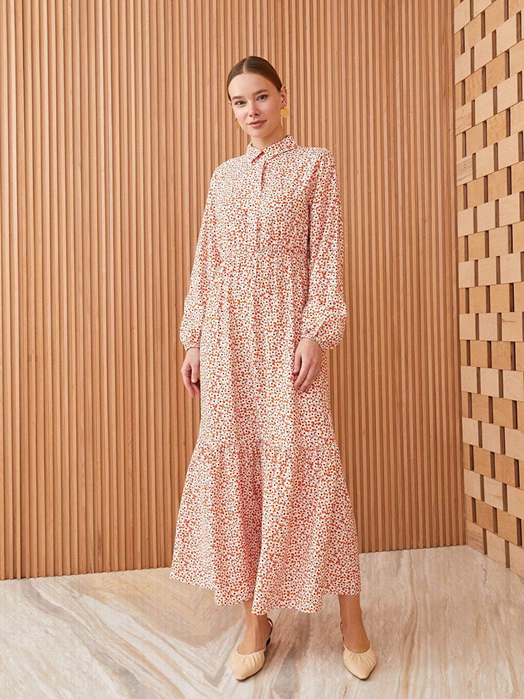 Collared Neck Patterned Long Sleeve Women's Dress