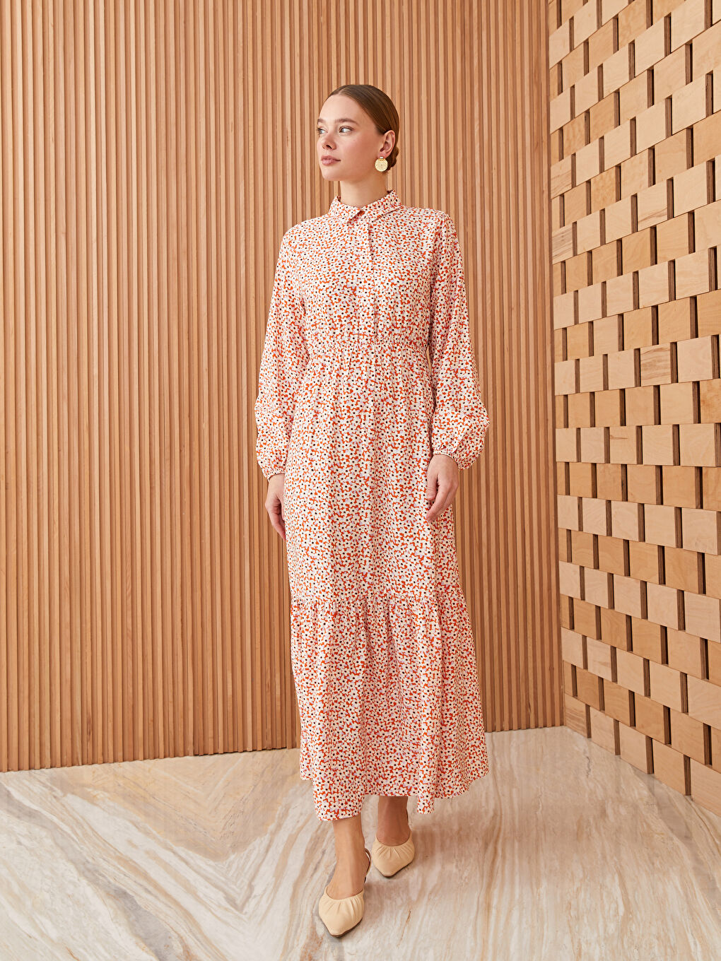 Collared Neck Patterned Long Sleeve Women's Dress-1