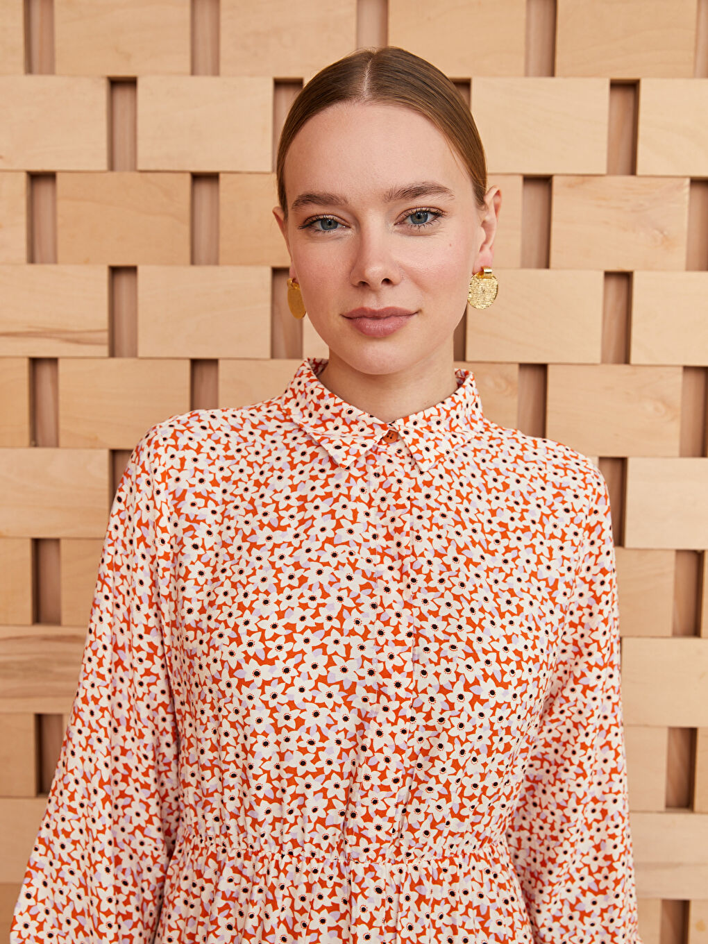 Collared Neck Patterned Long Sleeve Women's Dress-2