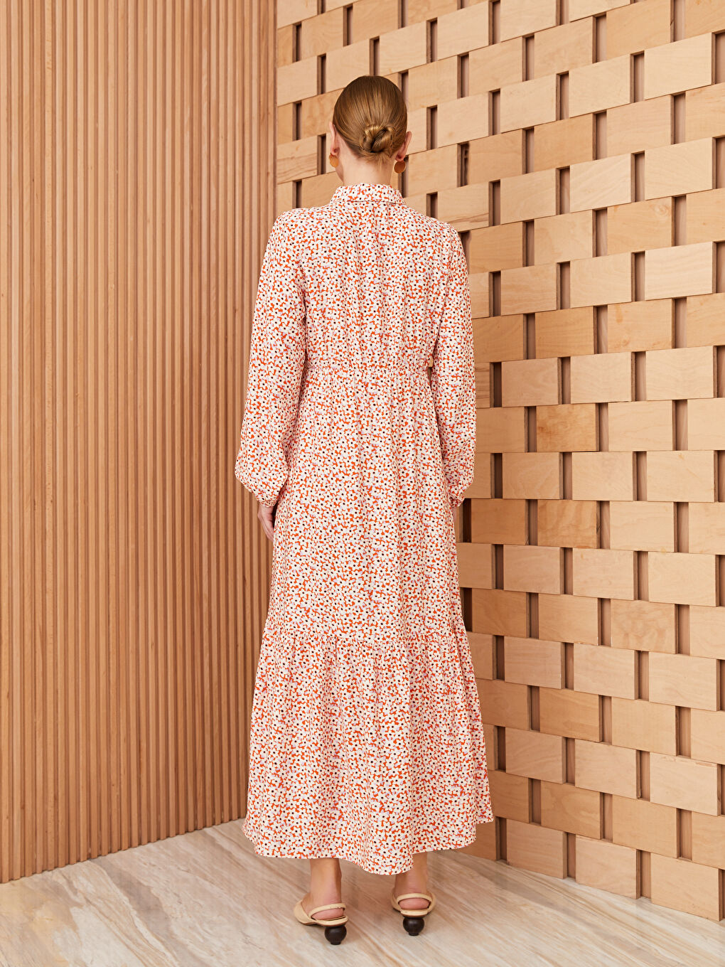 Collared Neck Patterned Long Sleeve Women's Dress-4