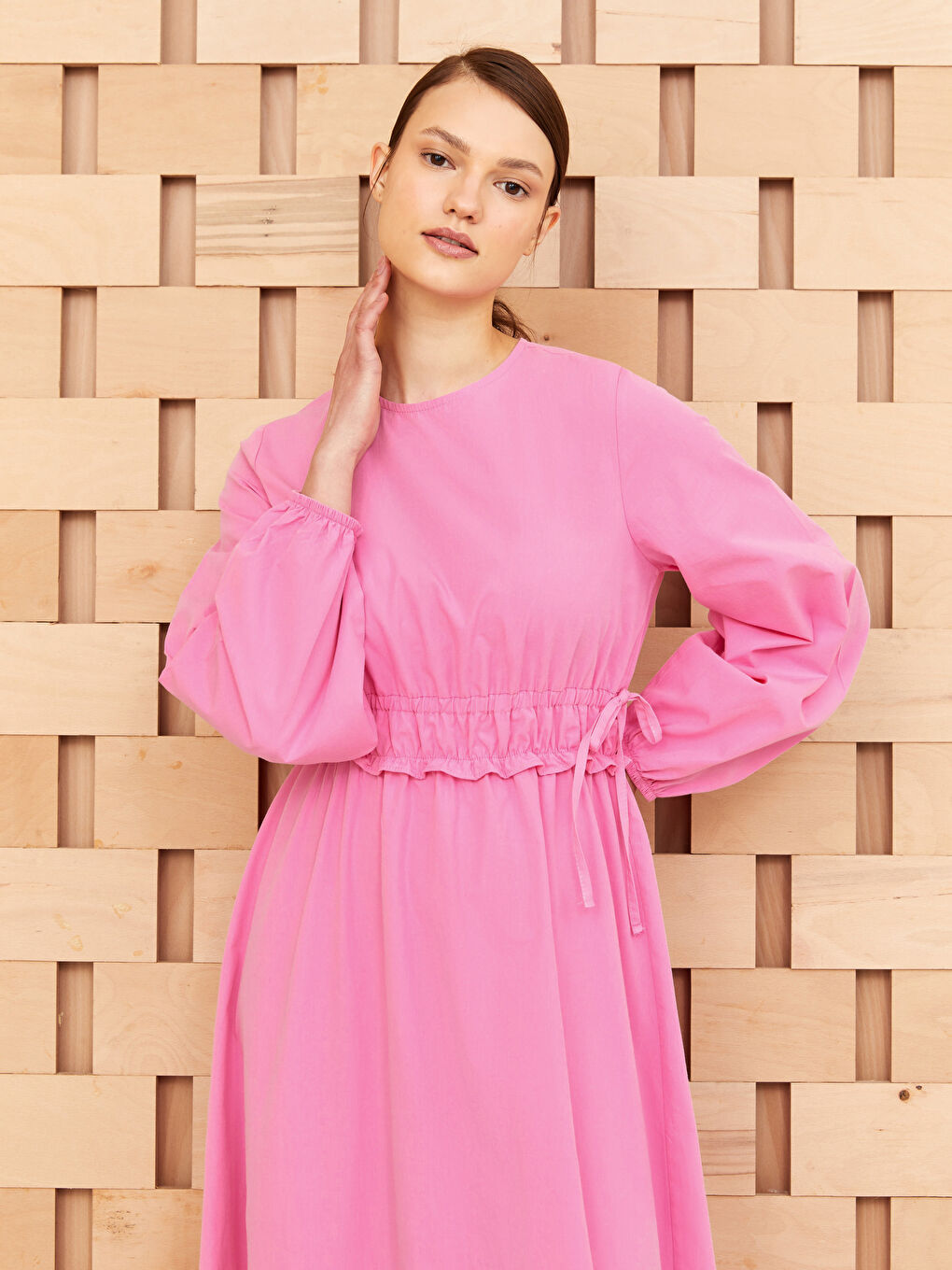 Crew Neck Regular Long Sleeve Poplin Women's Dress-2