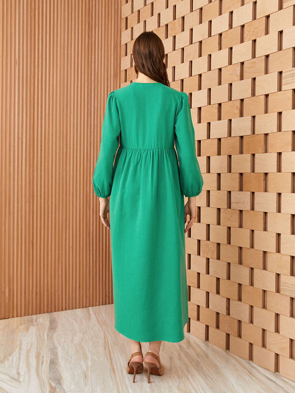 Yeşil Bisiklet Yaka Düz Uzun Kollu Kadın Elbise-3