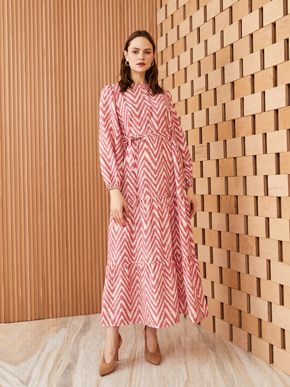 Rochie cu Guler de Judecător, Cu Model, Mânecă Lungă pentru Femei-1