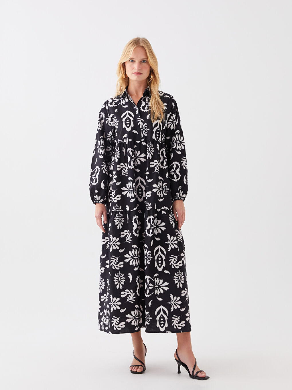 فستان نسائي بوبلين بياقة قميص كم طويل منقوش