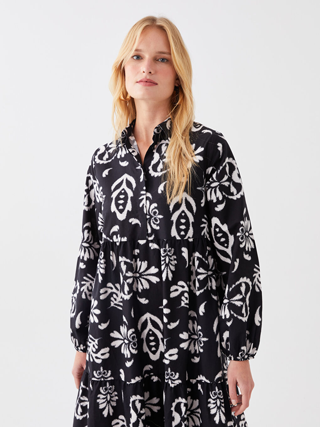 فستان نسائي بوبلين بياقة قميص كم طويل منقوش-1