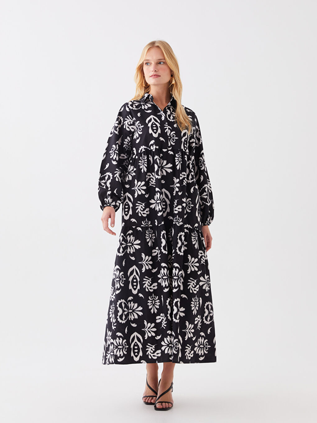 فستان نسائي بوبلين بياقة قميص كم طويل منقوش-2