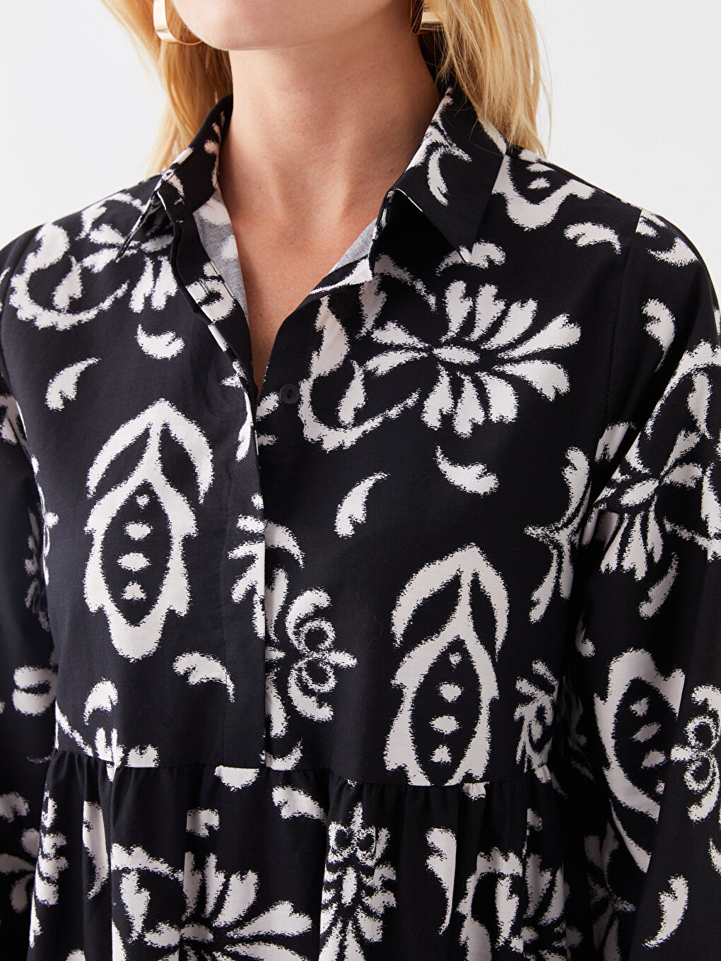 فستان نسائي بوبلين بياقة قميص كم طويل منقوش-3