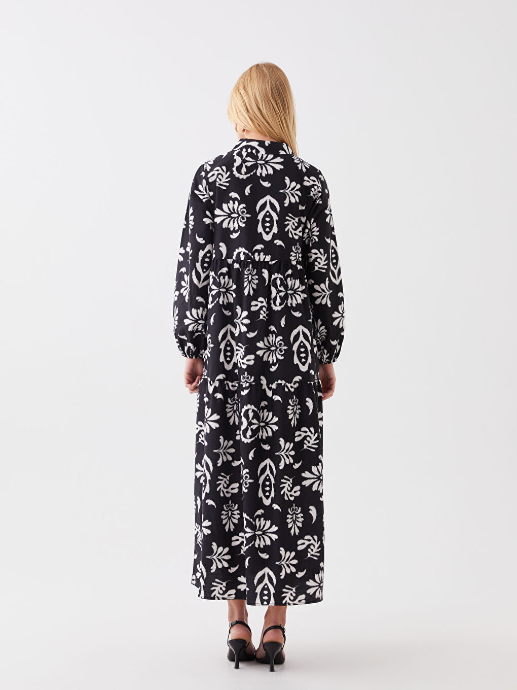 فستان نسائي بوبلين بياقة قميص كم طويل منقوش-4