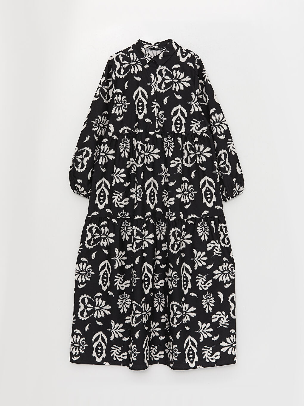 فستان نسائي بوبلين بياقة قميص كم طويل منقوش-5