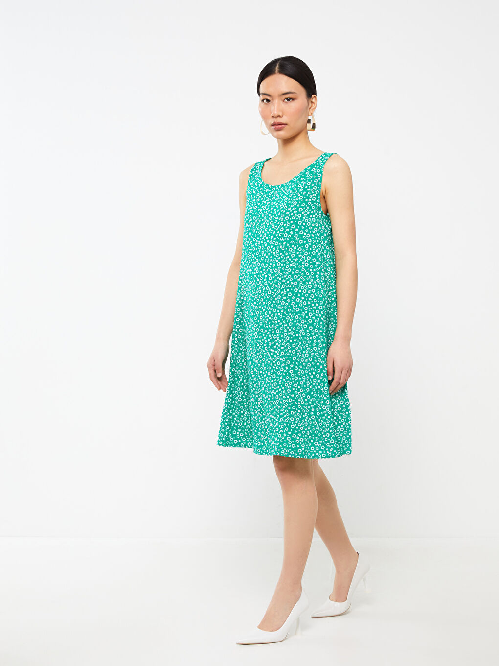 მრგვალი საყელო ყვავილოვანი A-ფორმის ქალებისთვის კაბა