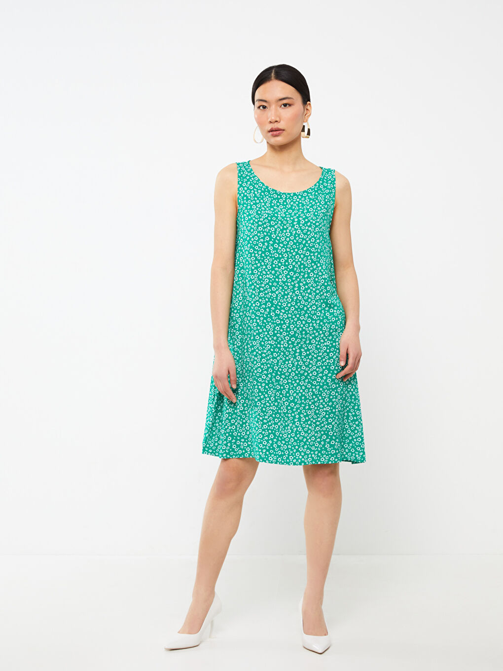 მრგვალი საყელო ყვავილოვანი A-ფორმის ქალებისთვის კაბა-1