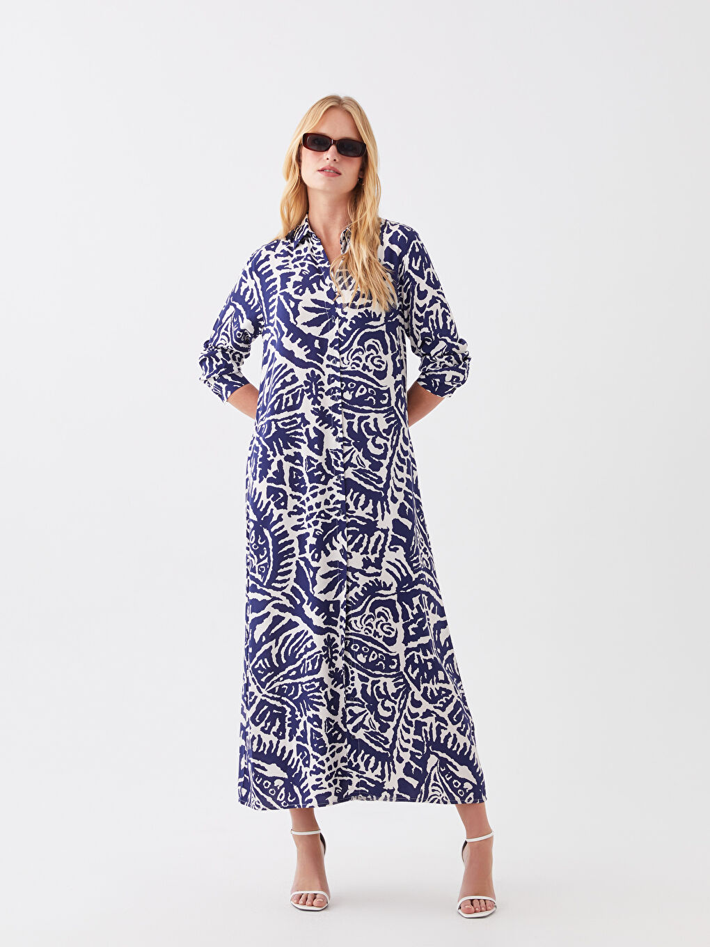 Mavi Desenli Uzun Kollu Kadın Gömlek Elbise-1