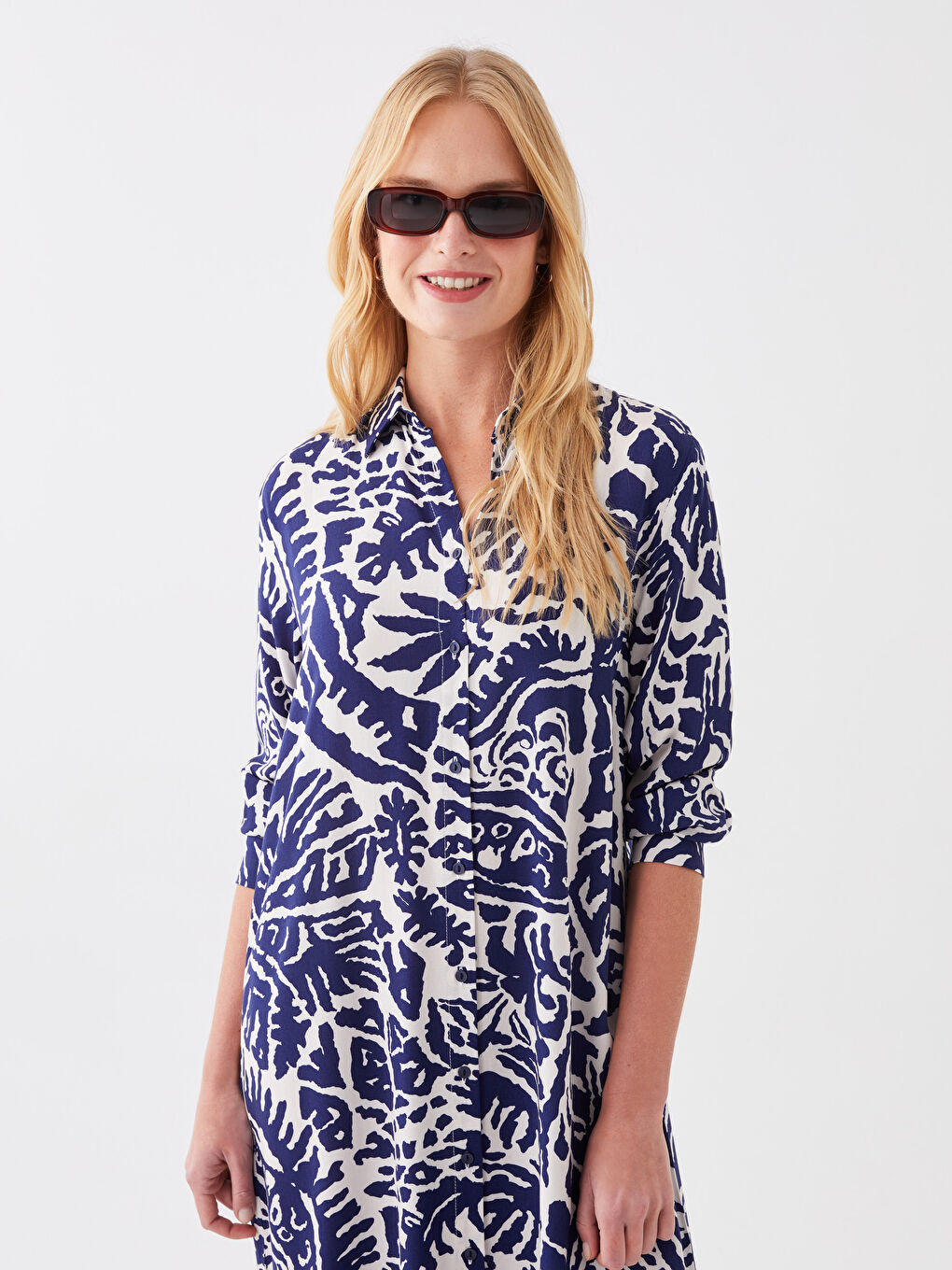 Mavi Desenli Uzun Kollu Kadın Gömlek Elbise-2