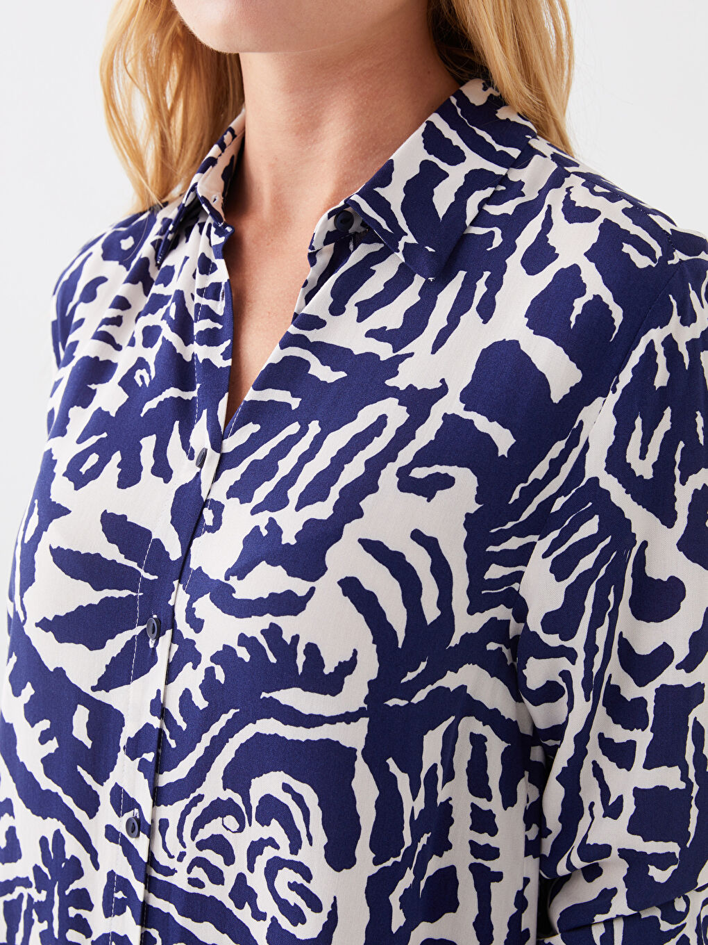 Mavi Desenli Uzun Kollu Kadın Gömlek Elbise-3