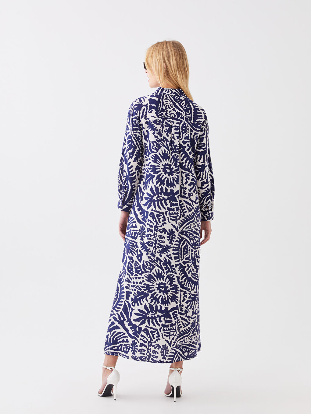 Mavi Desenli Uzun Kollu Kadın Gömlek Elbise-4
