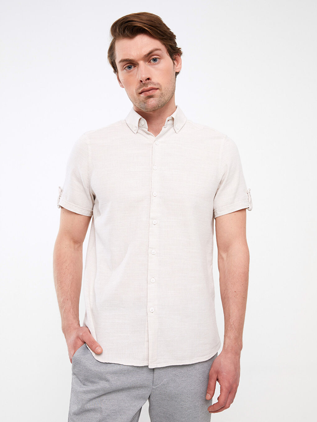 Bej Slim Fit Kısa Kollu Armürlü Erkek Gömlek-1