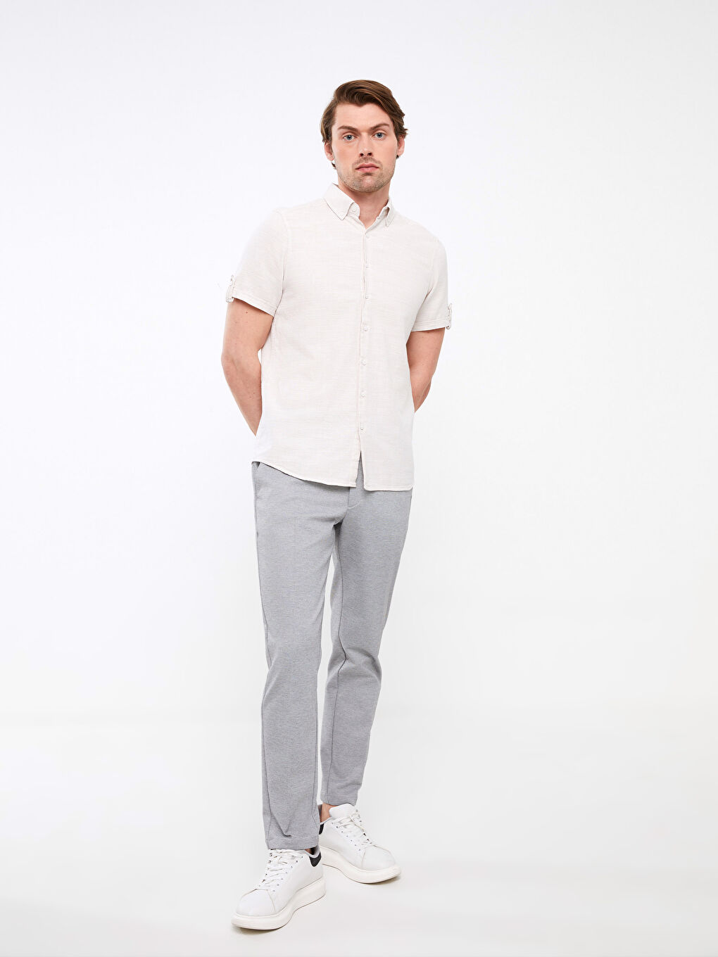 Bej Slim Fit Kısa Kollu Armürlü Erkek Gömlek-2