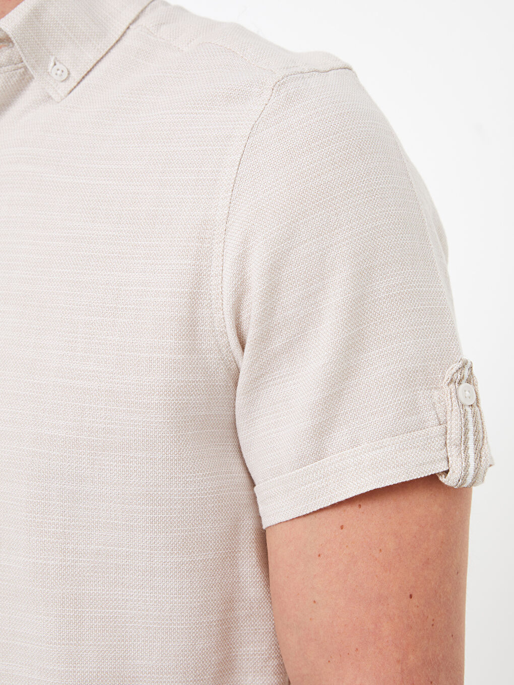 Bej Slim Fit Kısa Kollu Armürlü Erkek Gömlek-3