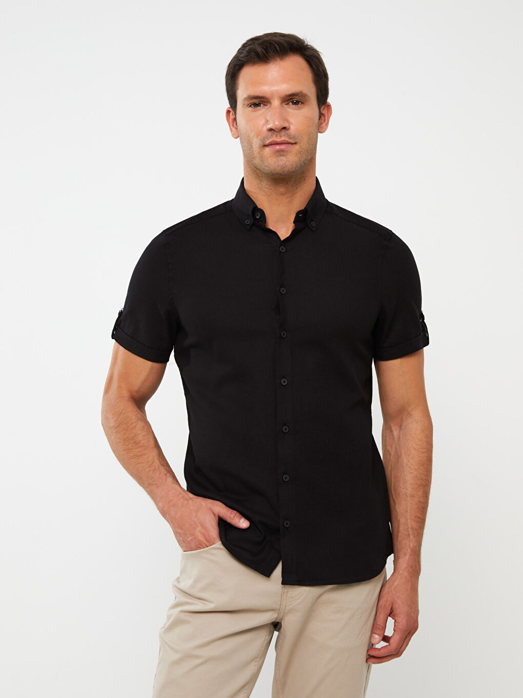 Siyah Slim Fit Kısa Kollu Armürlü Erkek Gömlek