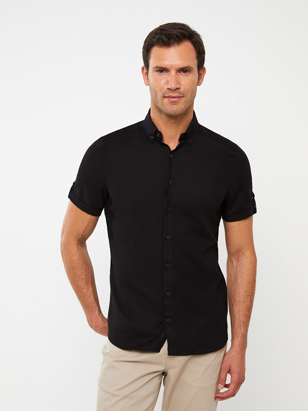 Siyah Slim Fit Kısa Kollu Armürlü Erkek Gömlek-1