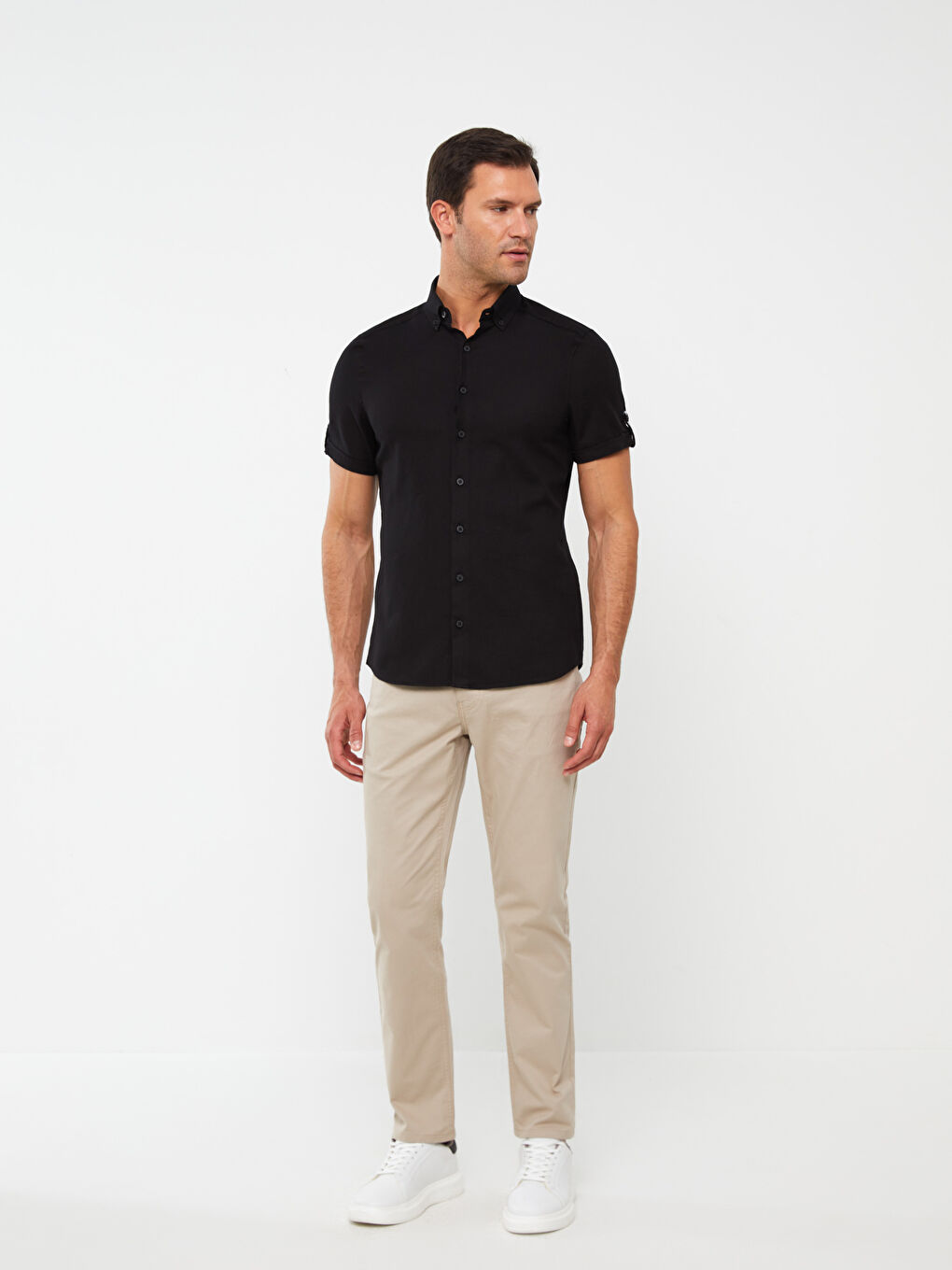 Siyah Slim Fit Kısa Kollu Armürlü Erkek Gömlek-2