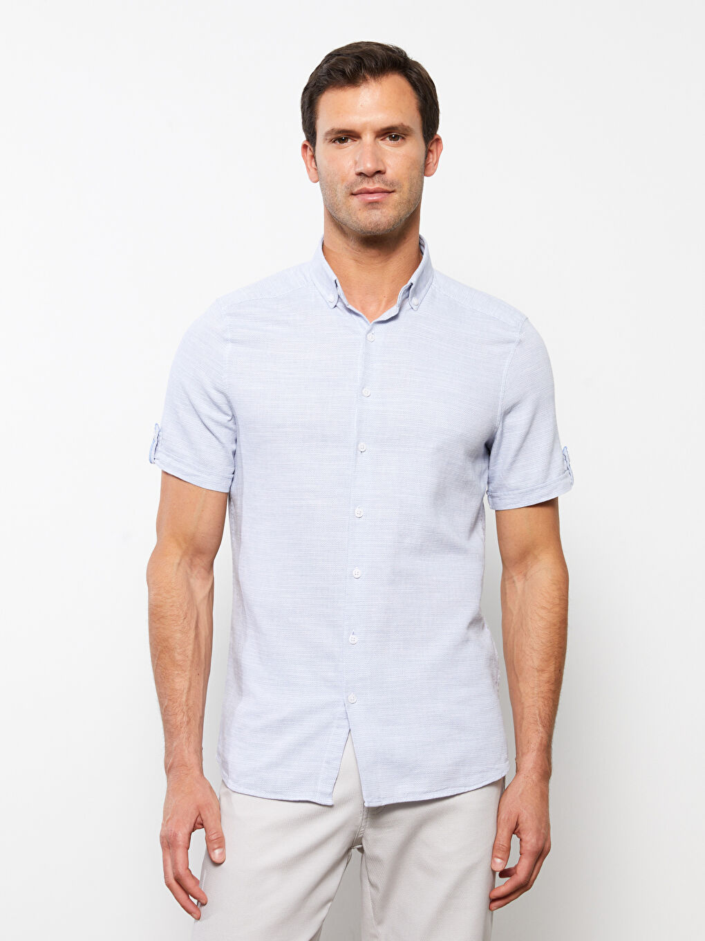 Mavi Slim Fit Kısa Kollu Armürlü Erkek Gömlek