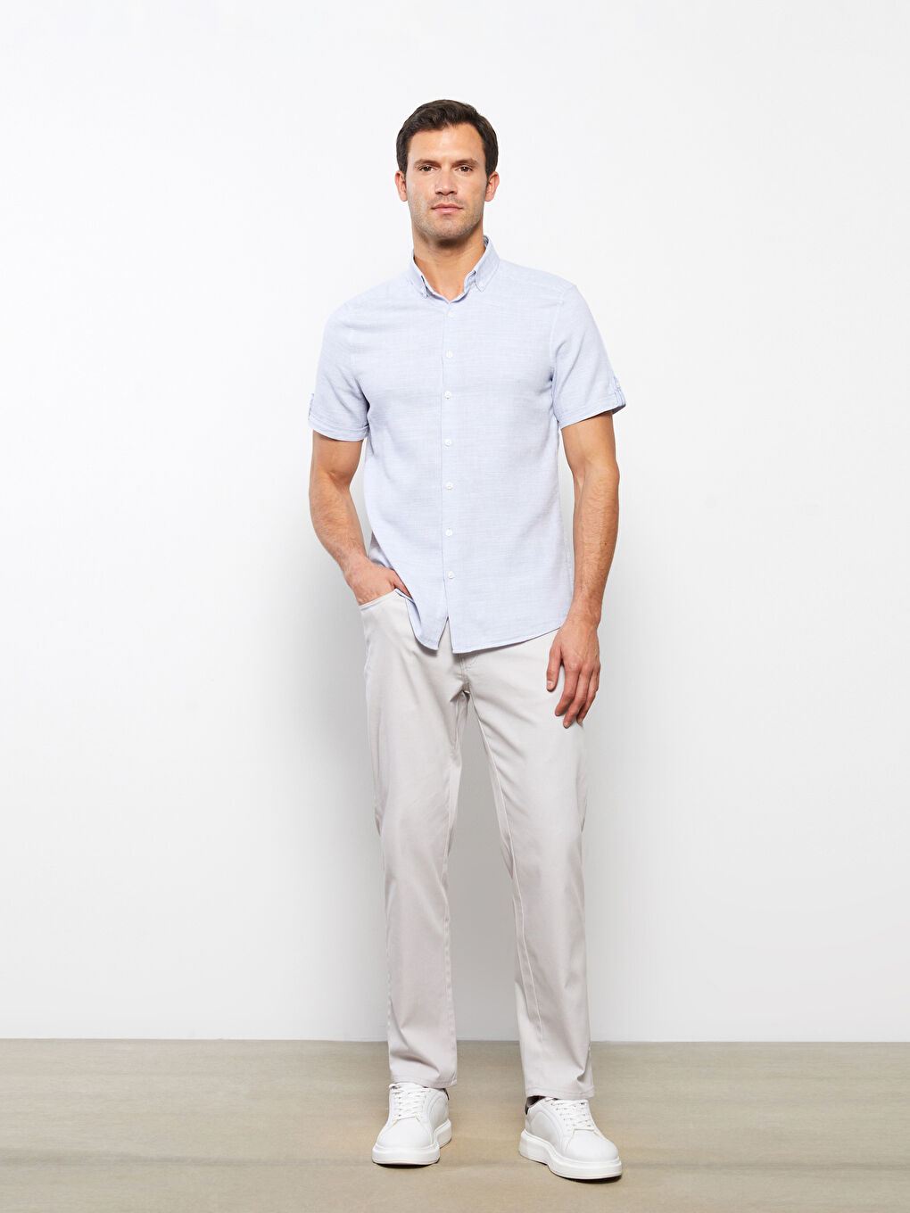 Mavi Slim Fit Kısa Kollu Armürlü Erkek Gömlek-1