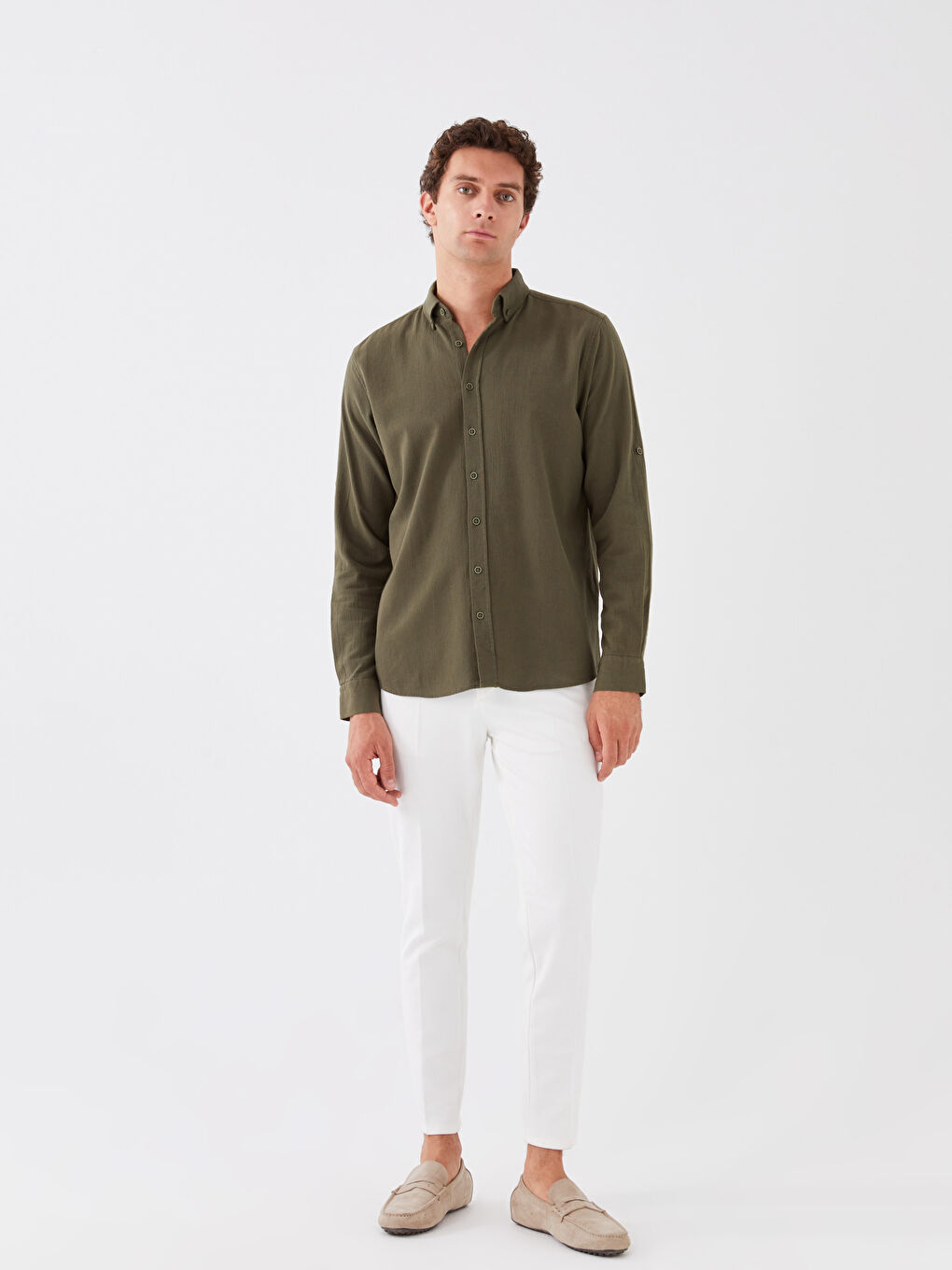 SOUTHBLUE Yeşil Regular Fit Uzun Kollu Keten Karışımlı Erkek Gömlek - 2